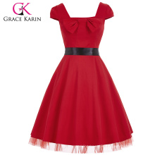 Grace Karin Stock Cap Sleeve Square Neck High Stretchy Retro Style Red Vintage Dress CL008951-2